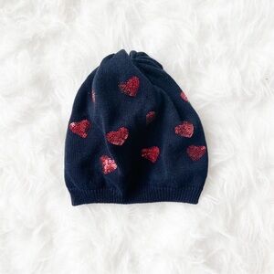 H&M Girls Navy Knit Beanie Red Sequin Hearts Size 3–4Y